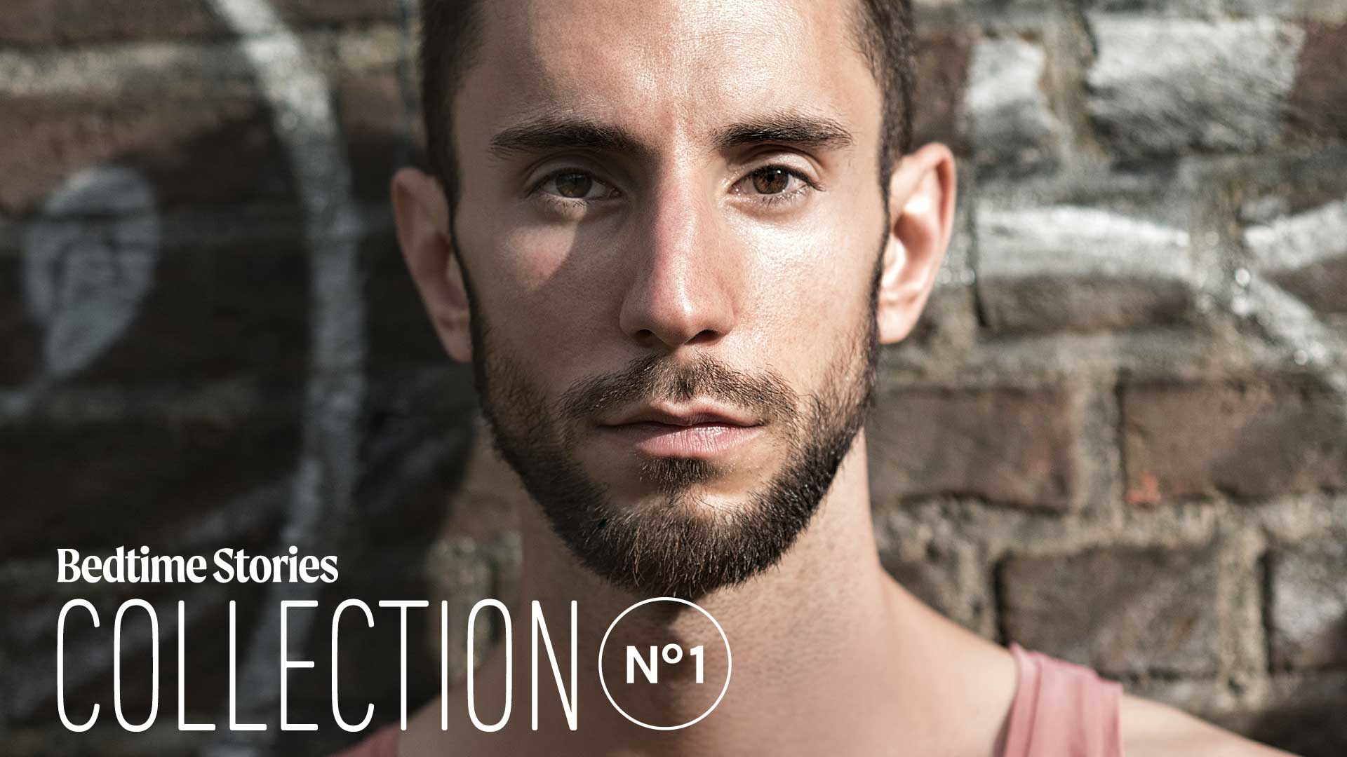 gay erotic cinema banner, close-up male portrait with soft natural light, Bedtime Stories Collection No 1 queer storytelling