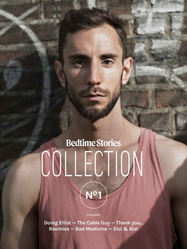 gay erotic film collection cover, intimate portrait of bearded man against urban wall, Bedtime Stories queer cinema series No 1