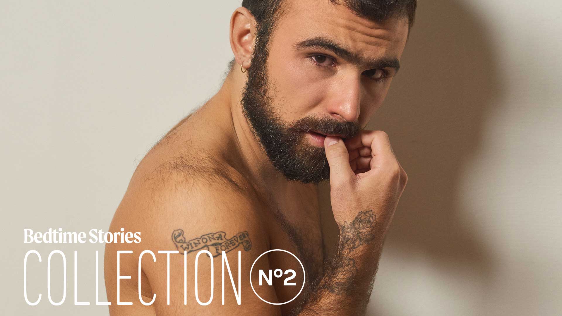 queer erotic cinema banner, shirtless tattooed man looking at camera, Bedtime Stories Collection No 2 gay narrative films