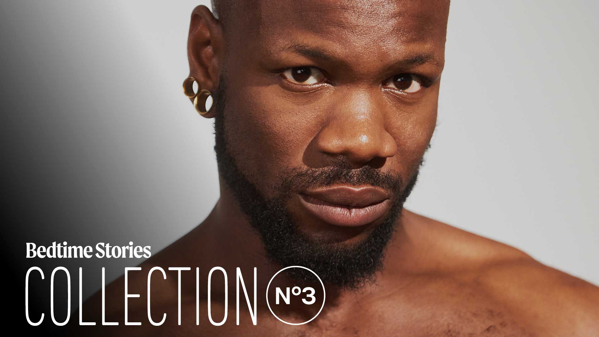 queer erotic cinema banner, close-up Black male portrait with earrings, Bedtime Stories Collection No 3 intimate gay storytelling