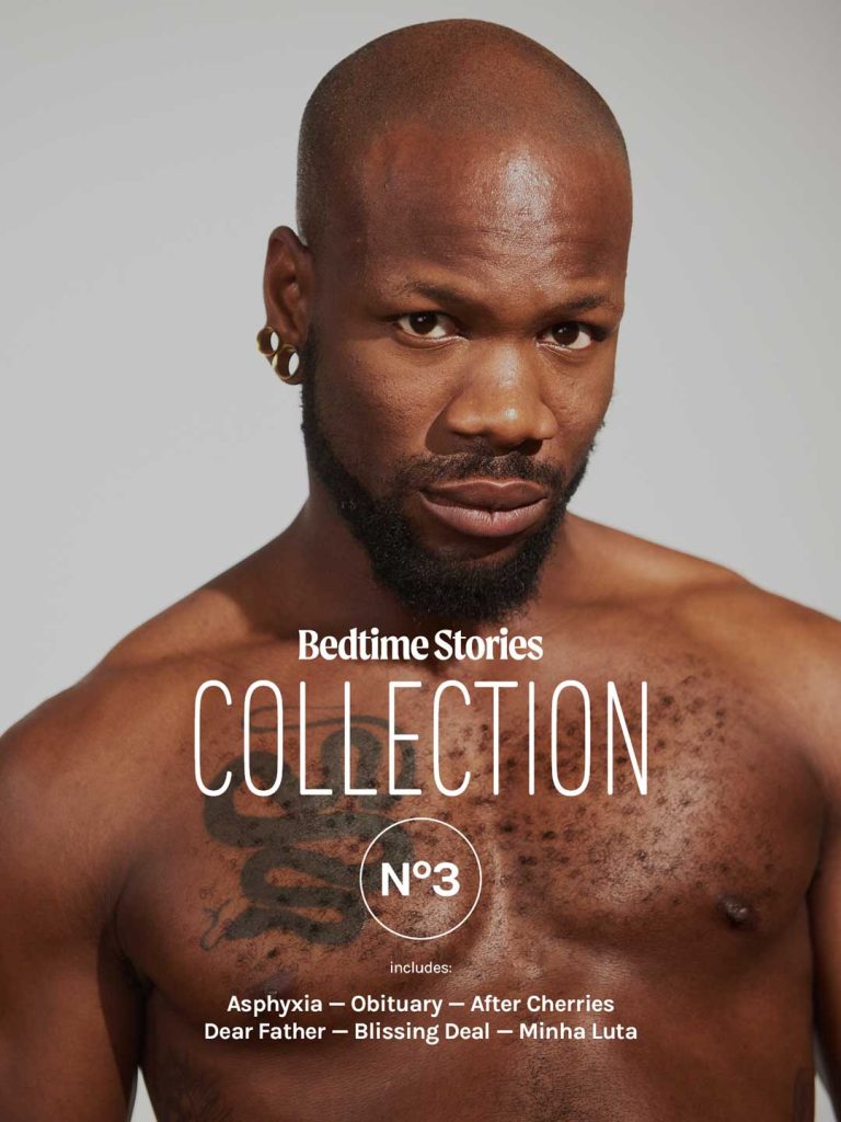 gay erotic film collection cover, Black male portrait with strong gaze and body detail, Bedtime Stories queer cinema series No 3