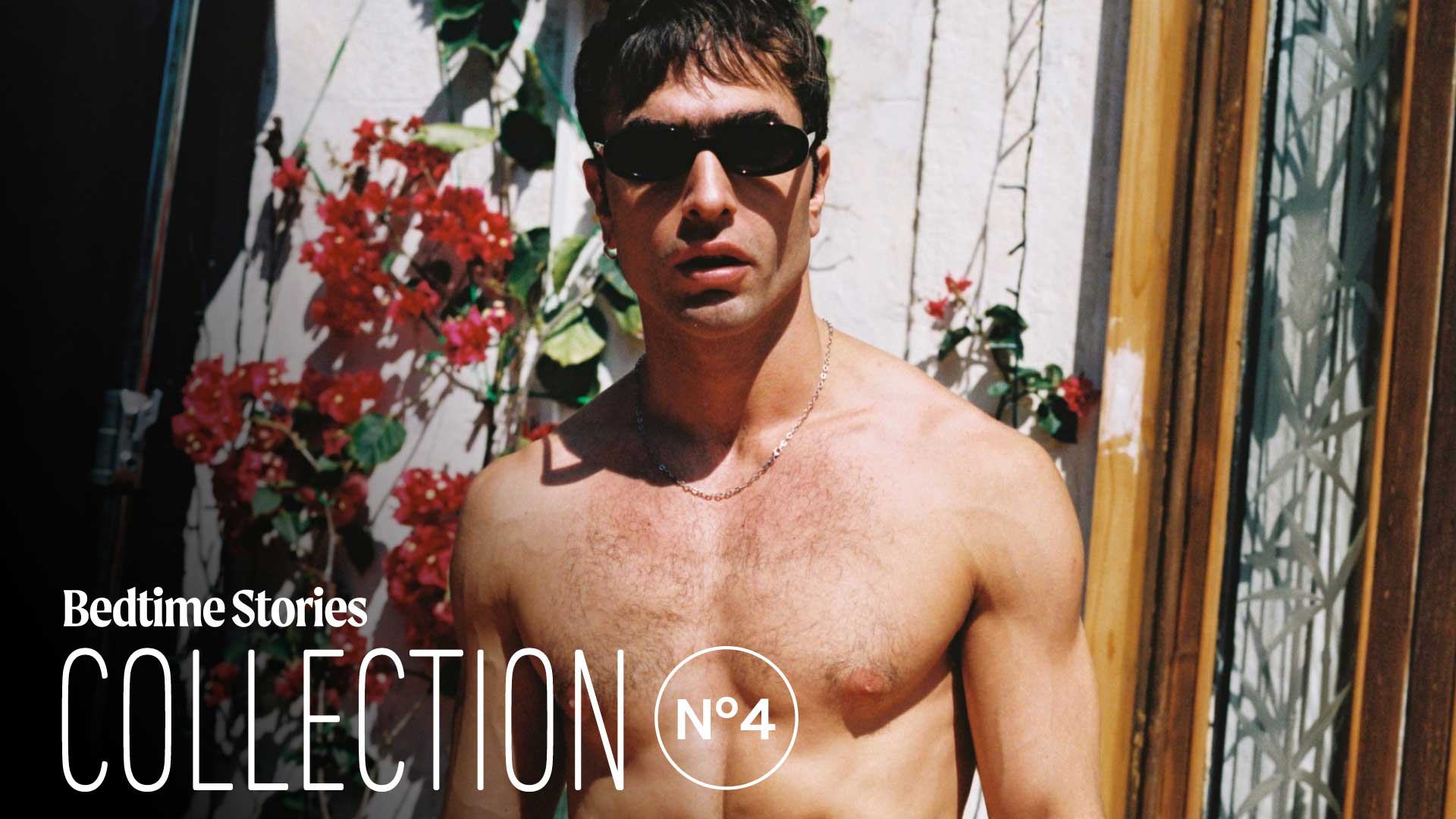 queer erotic cinema banner, man with sunglasses in outdoor setting with flowers, Bedtime Stories Collection No 4 gay narrative films