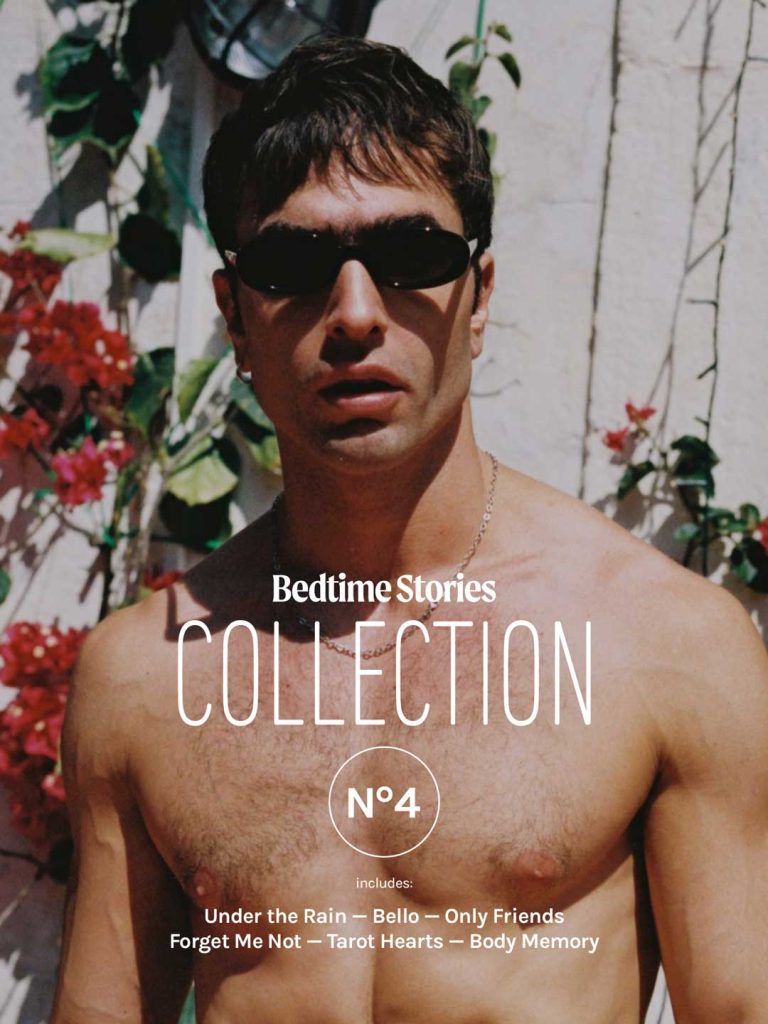 gay erotic film collection cover, shirtless man wearing sunglasses in sunlit garden, Bedtime Stories queer cinema series No 4