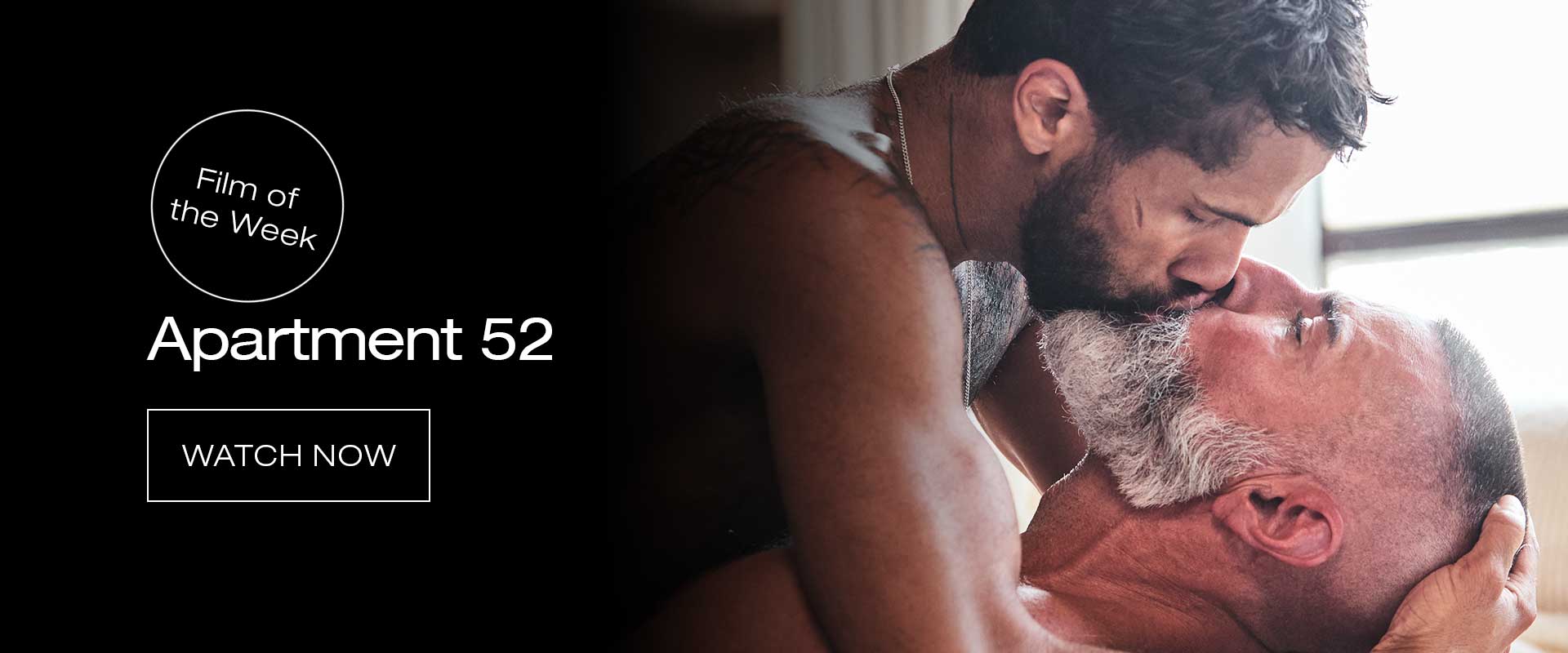 Apartment 52 queer short film scene featuring two men in an intimate moment, cinematic lighting, Bedtime Stories production