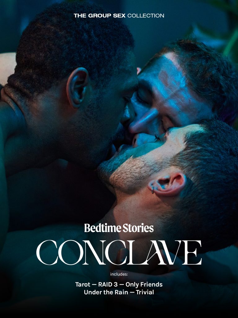 Poster for Bedtime Stories Conclave, a gay erotic film collection exploring group intimacy, desire, friendship, and queer connection through cinematic storytelling.