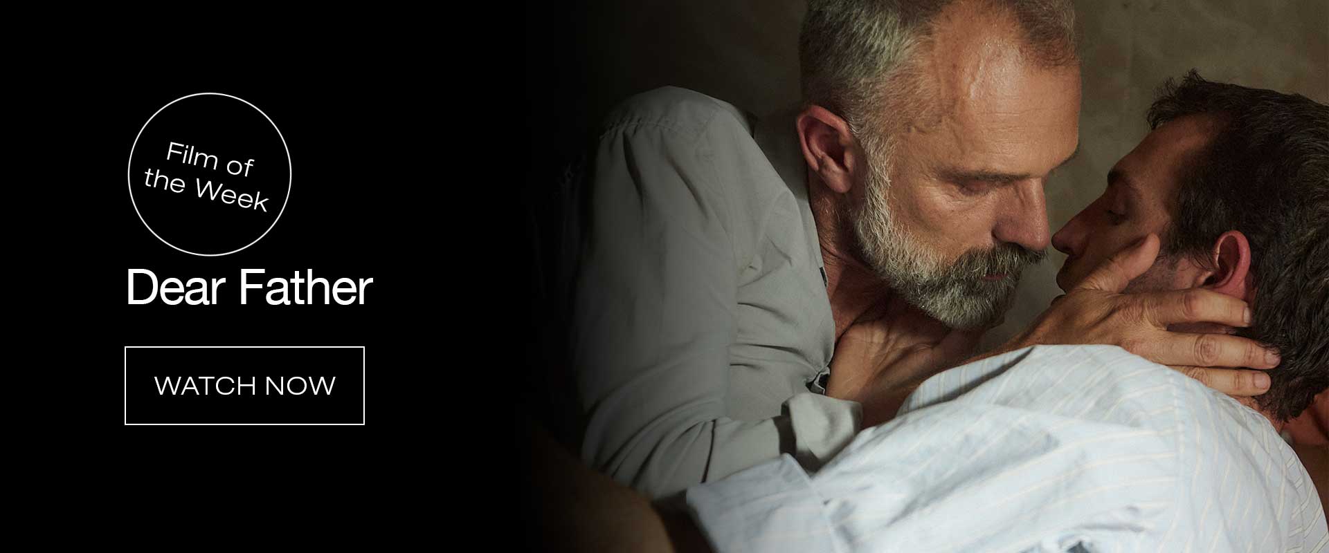 Banner for Bedtime Stories Film of the Week featuring Dear Father, showing two men in an intimate cinematic scene from the film.